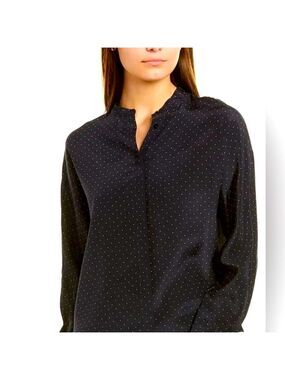 *Club Monaco Navy Popover Silk Blouse with mini polka dot print.